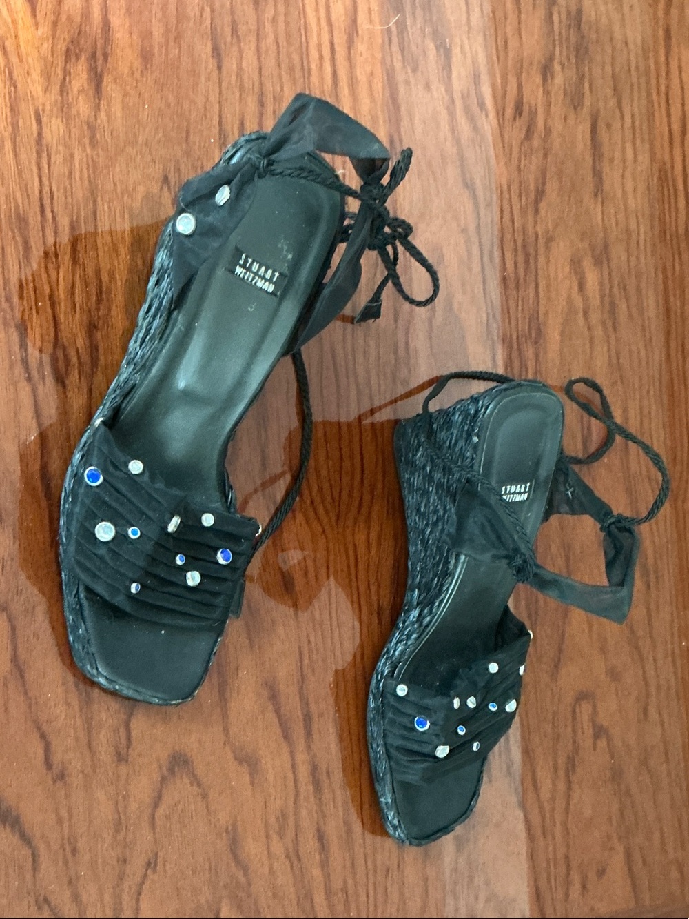 Stuart Weitzman Black Studded Lace-Up Wedge Sandals